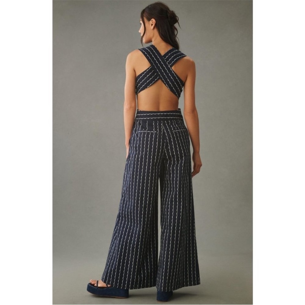 Maeve Anthropologie Derby Day Nautical Pinafore Navy Stripe Wide Leg Jumpsuit 14 - Picture 2 of 14